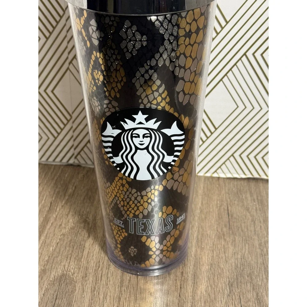 Starbucks Texas Snake Print Tumbler‎ Reusable Cup With Straw Lid chrome look lid